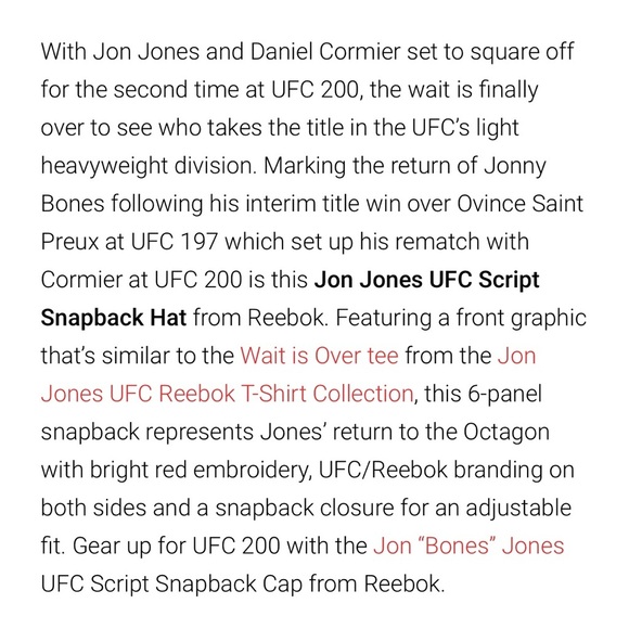 Jon "Bones" Jones UFC 200 Reebok Script Hat "The Wait is Over" Black Snapback - Picture 13 of 14